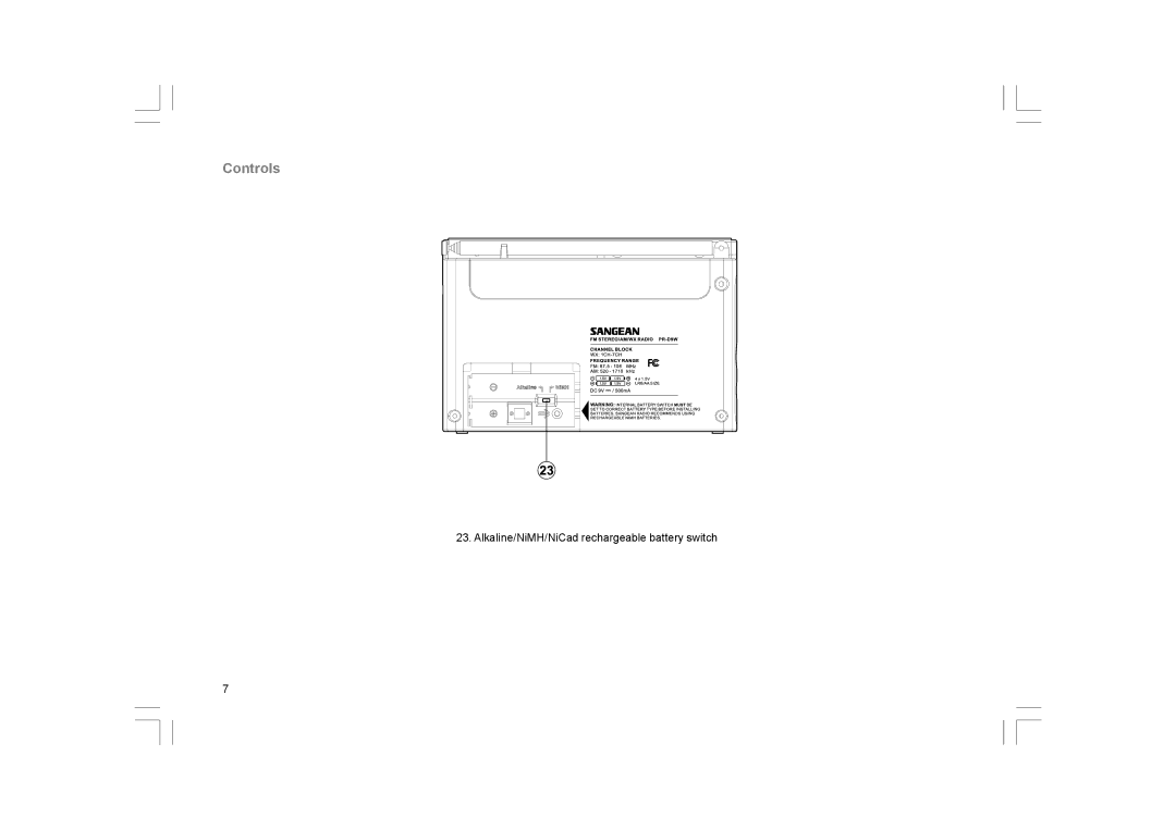 Sangean Electronics PR-D9W manual Alkaline/NiMH/NiCad rechargeable battery switch 