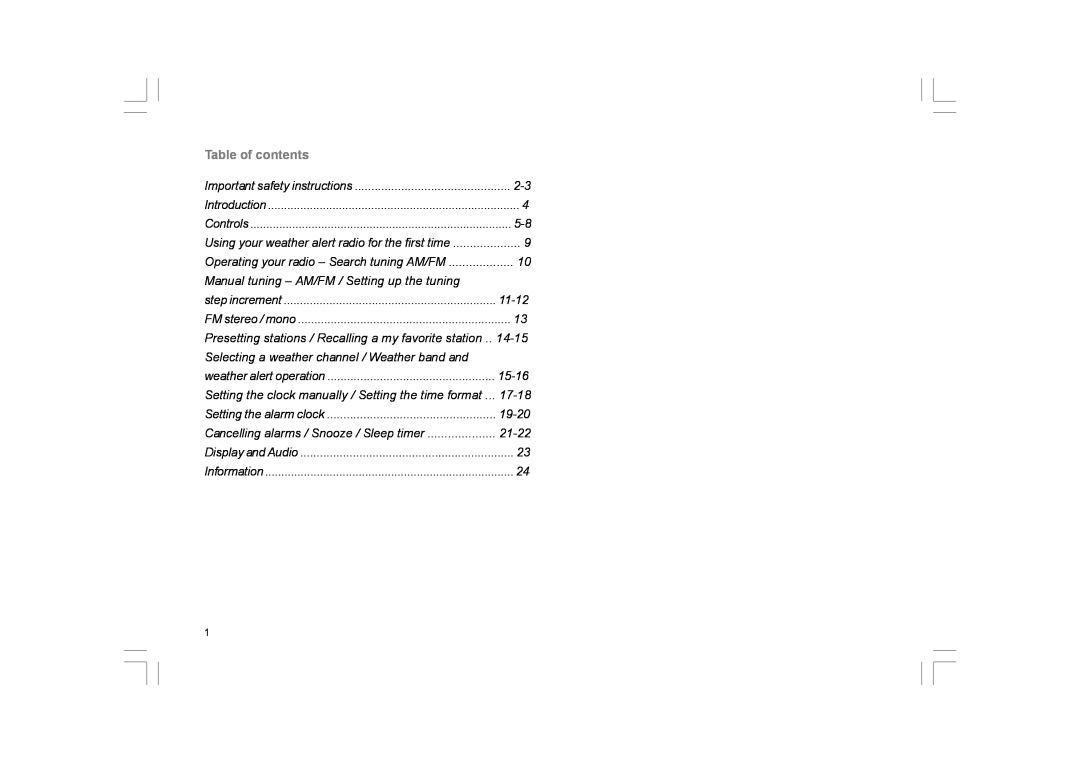 Sangean Electronics PR-D9W manual Table of contents 