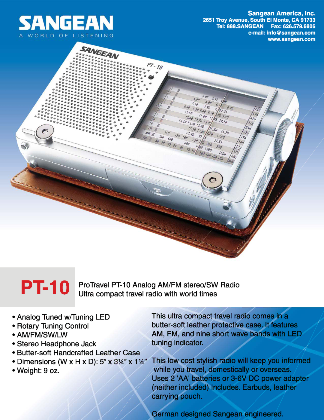 Sangean Electronics PT-10 manual 