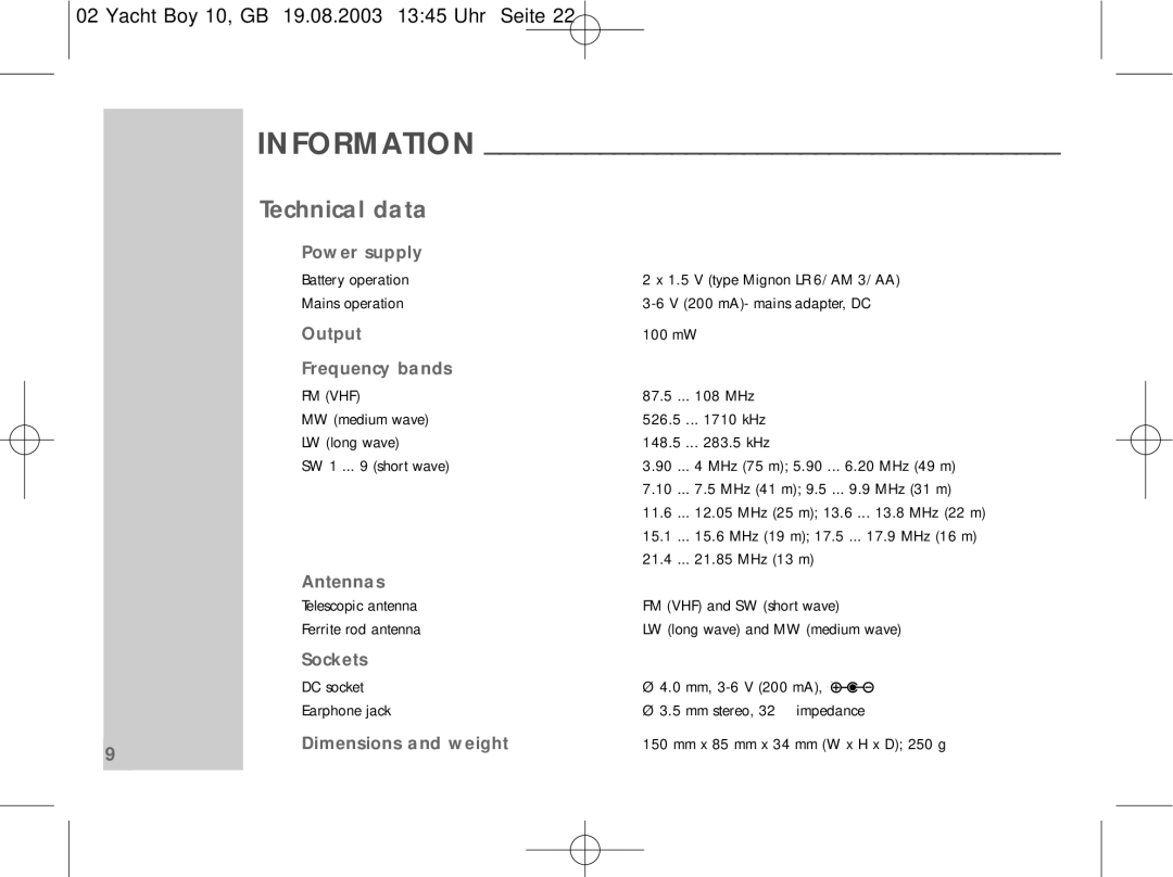 Sangean Electronics PT 10 manual Information, Technical data 