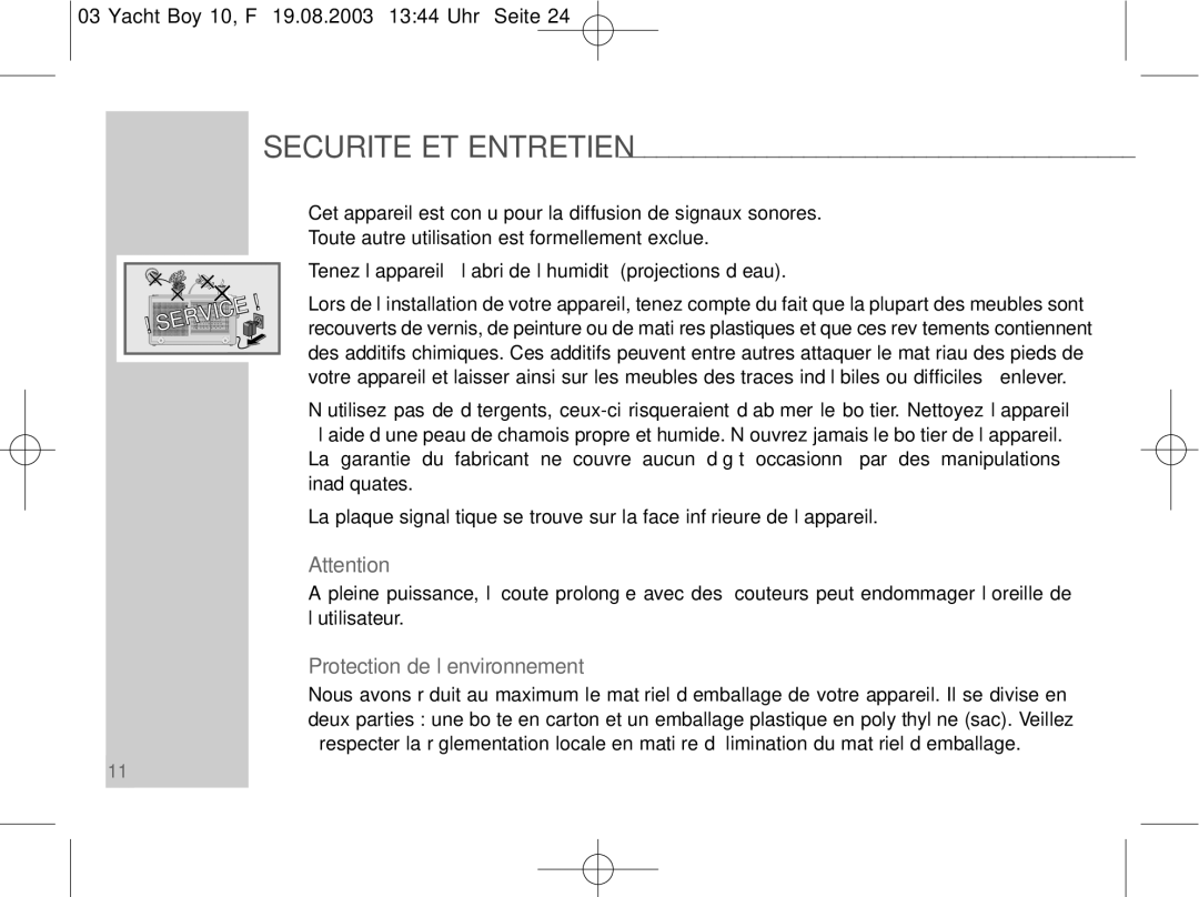 Sangean Electronics PT 10 manual Securite ET Entretien, Protection de l’environnement 