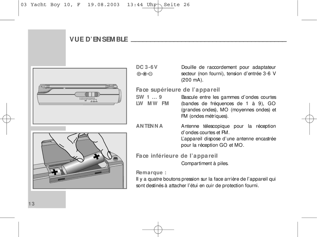 Sangean Electronics PT 10 manual Face supérieure de l’appareil, Face inférieure de l’appareil, Remarque 