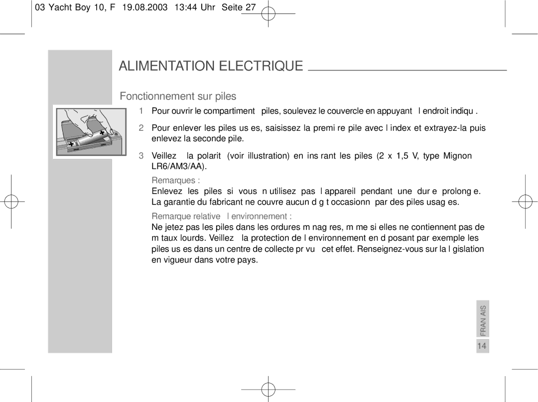 Sangean Electronics PT 10 manual Alimentation Electrique, Fonctionnement sur piles, Remarques 