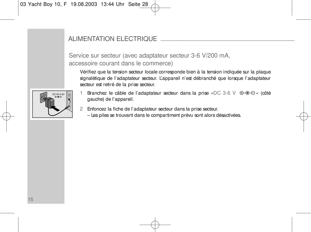 Sangean Electronics PT 10 manual Alimentation Electrique 