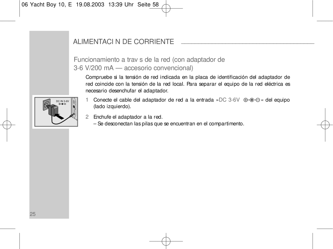 Sangean Electronics PT 10 manual Alimentación DE Corriente 