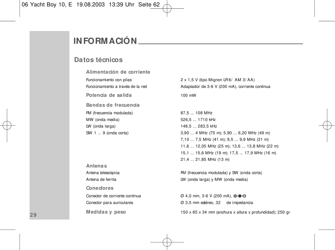 Sangean Electronics PT 10 manual Información, Datos técnicos 