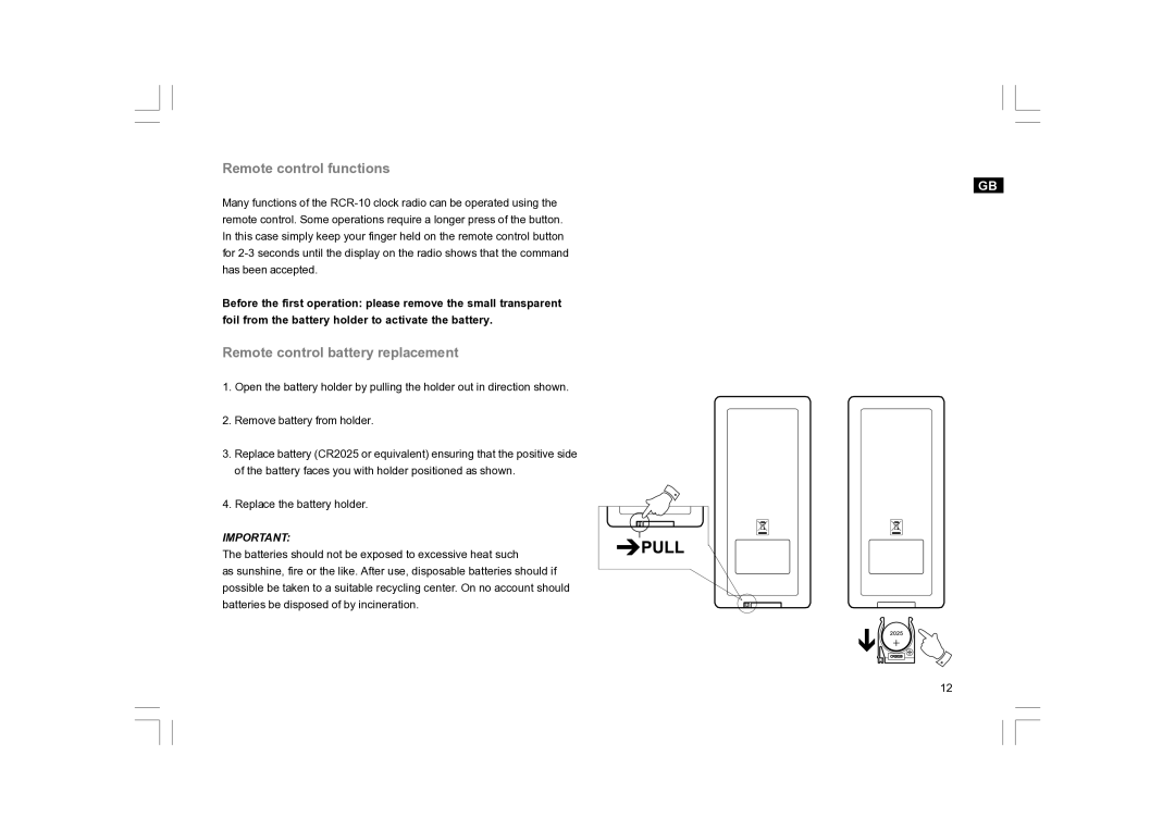 Sangean Electronics RCR-10 manual Remote control functions, Remote control battery replacement 