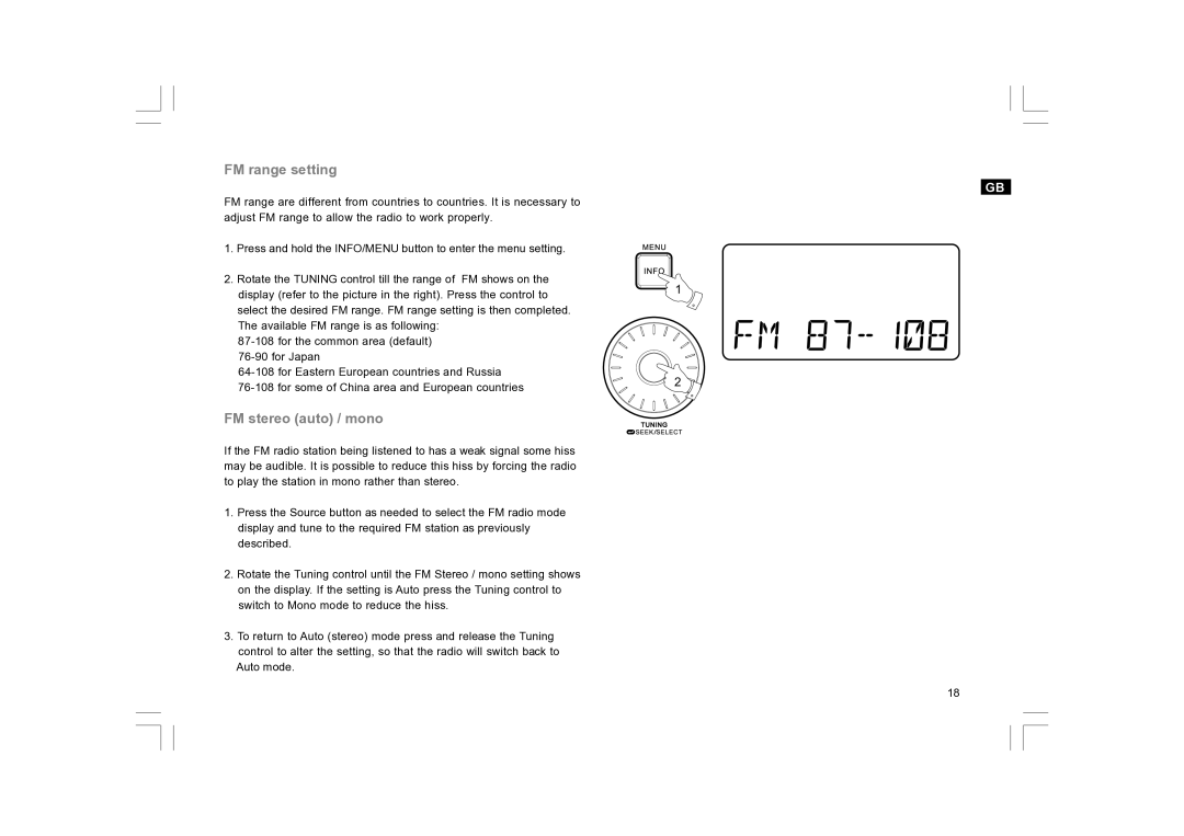 Sangean Electronics RCR-10 manual FM range setting, FM stereo auto / mono 