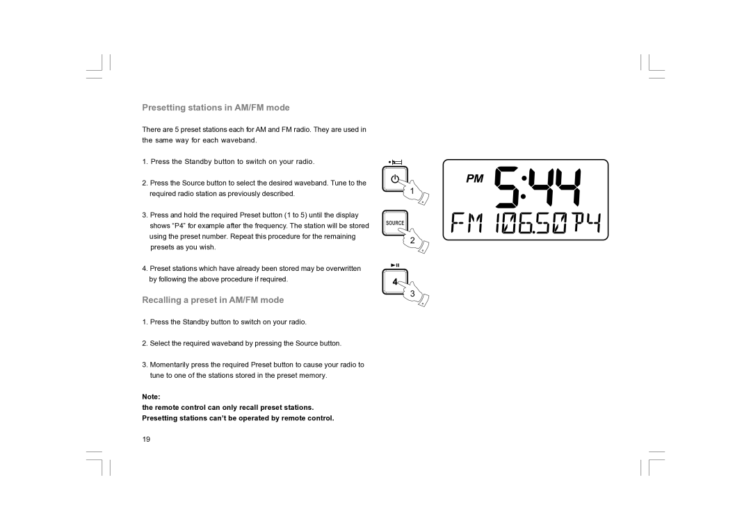 Sangean Electronics RCR-10 manual Presetting stations in AM/FM mode, Recalling a preset in AM/FM mode 