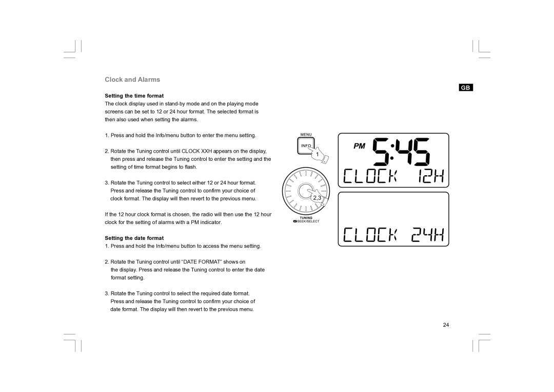 Sangean Electronics RCR-10 manual Clock and Alarms, Setting the time format 