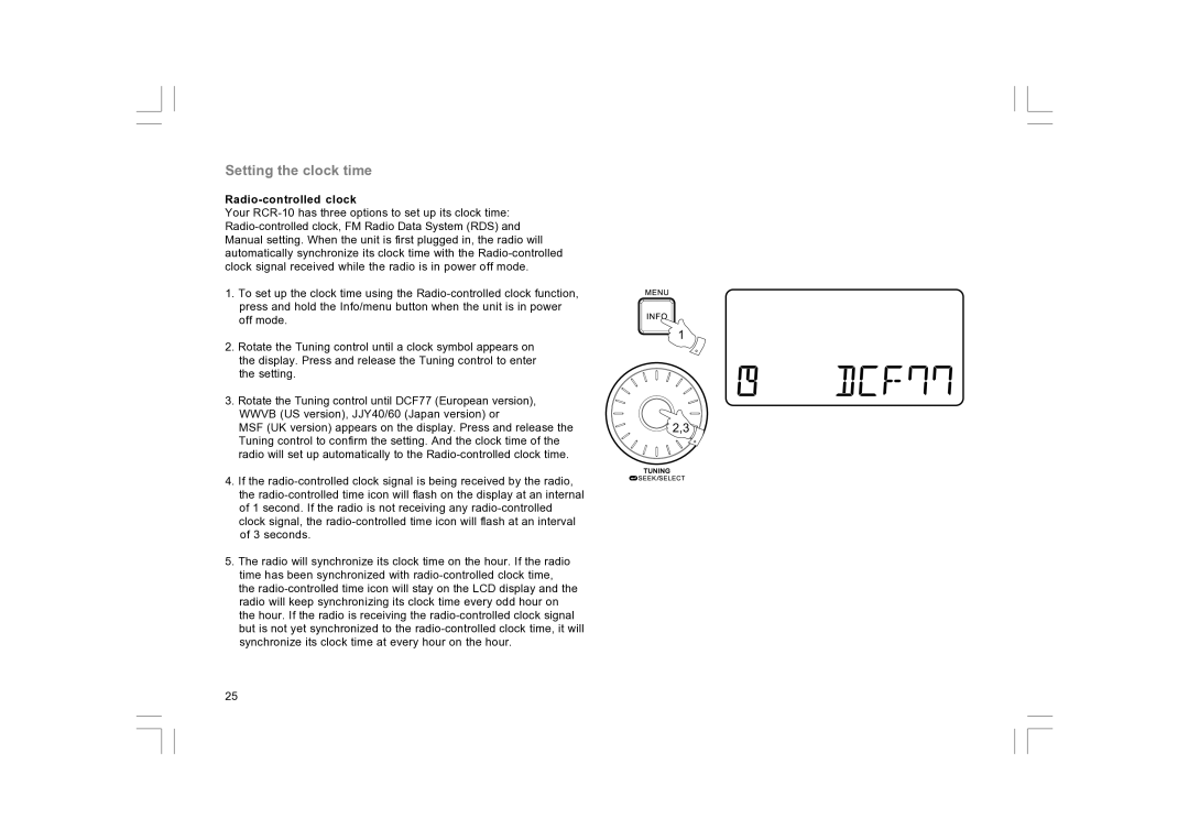 Sangean Electronics RCR-10 manual Setting the clock time, Radio-controlled clock 