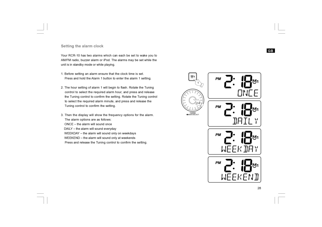 Sangean Electronics RCR-10 manual Setting the alarm clock 