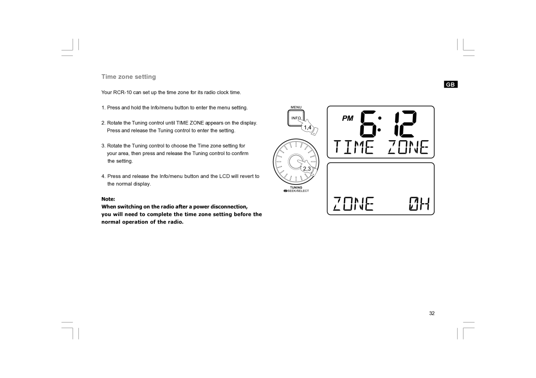 Sangean Electronics RCR-10 manual Time zone setting 