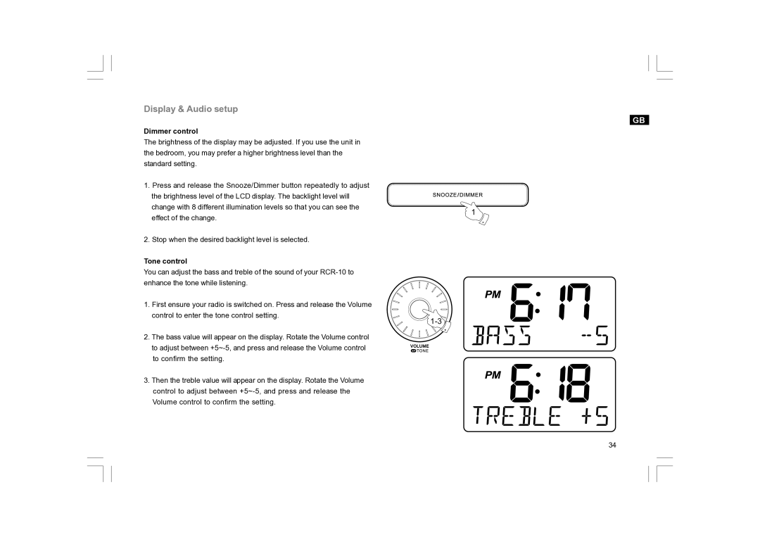 Sangean Electronics RCR-10 manual Display & Audio setup, Dimmer control 