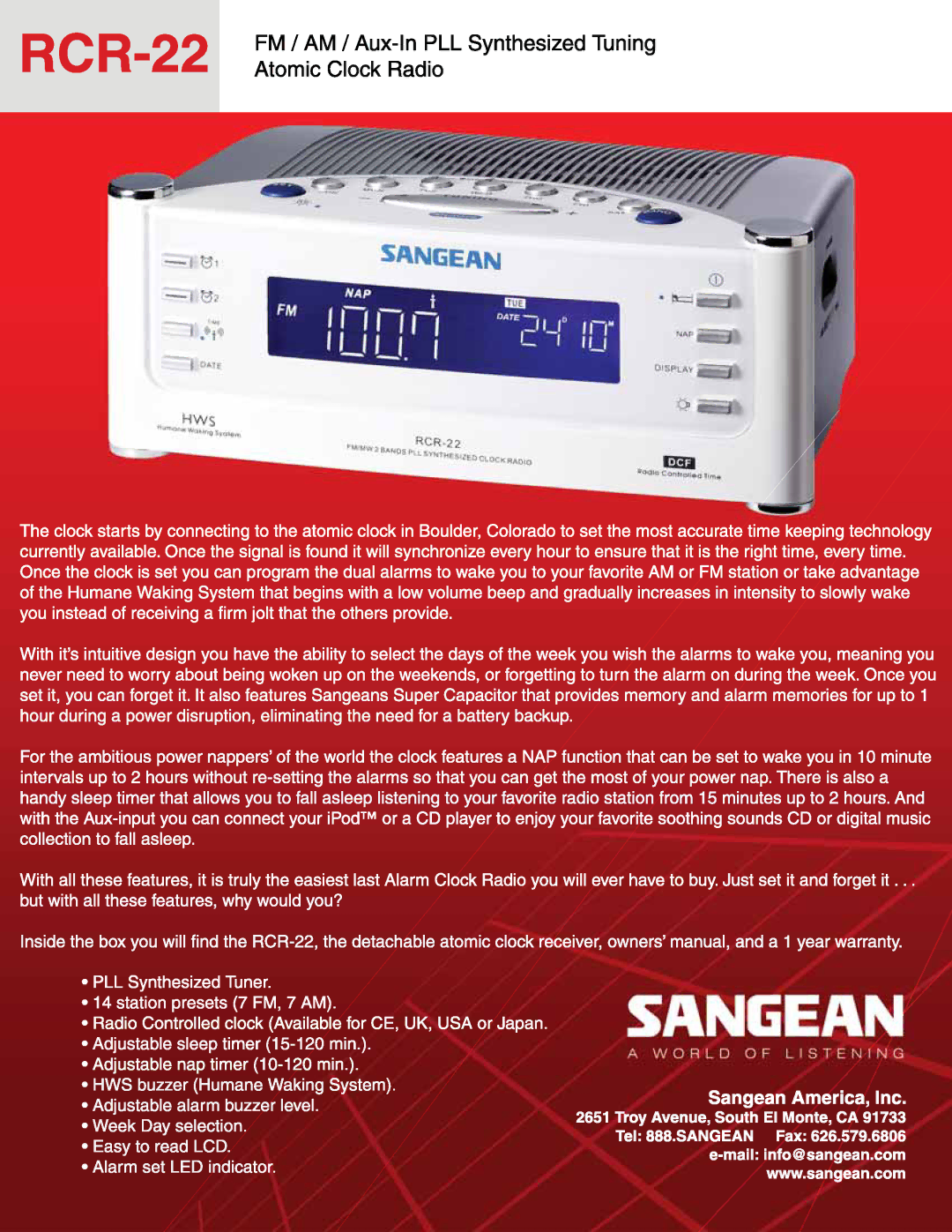 Sangean Electronics RCR-22 manual 