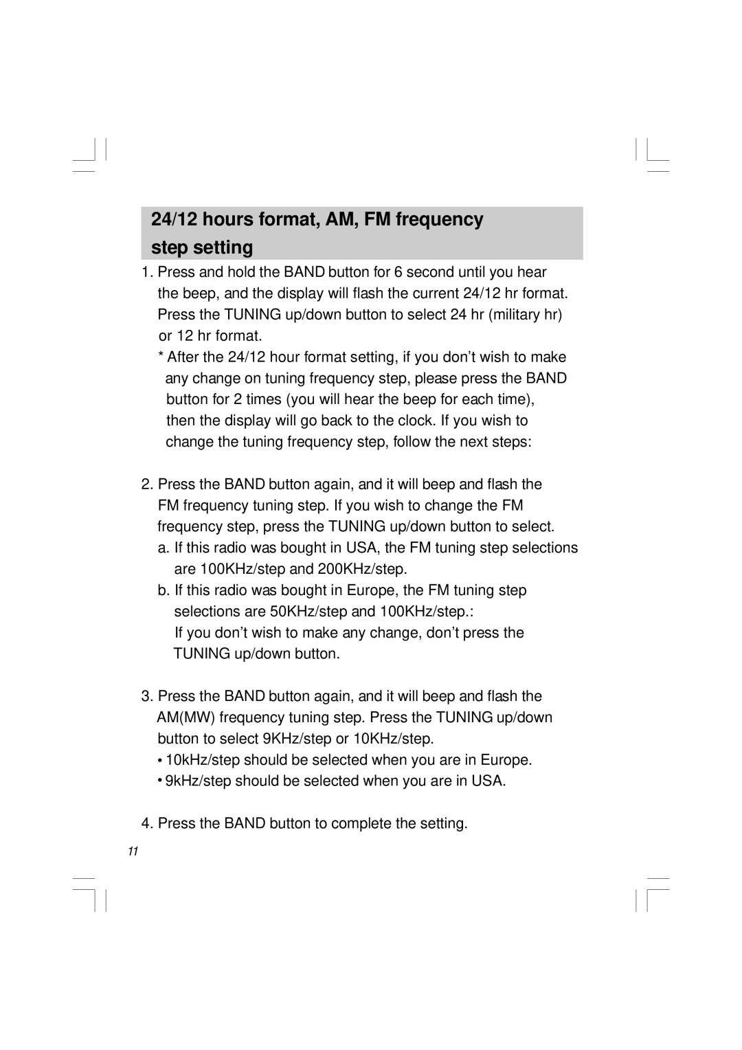 Sangean Electronics RCR-5 manual 24/12 hours format, AM, FM frequency step setting 