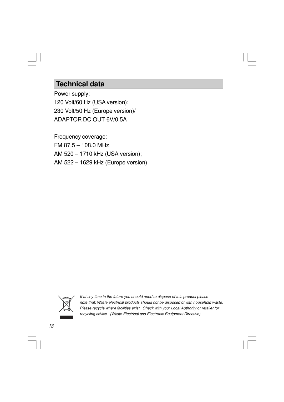 Sangean Electronics RCR-5 manual Technical data 