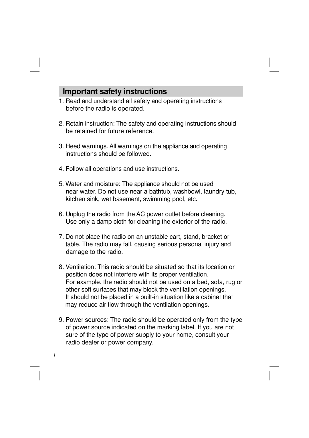 Sangean Electronics RCR-5 manual Important safety instructions 