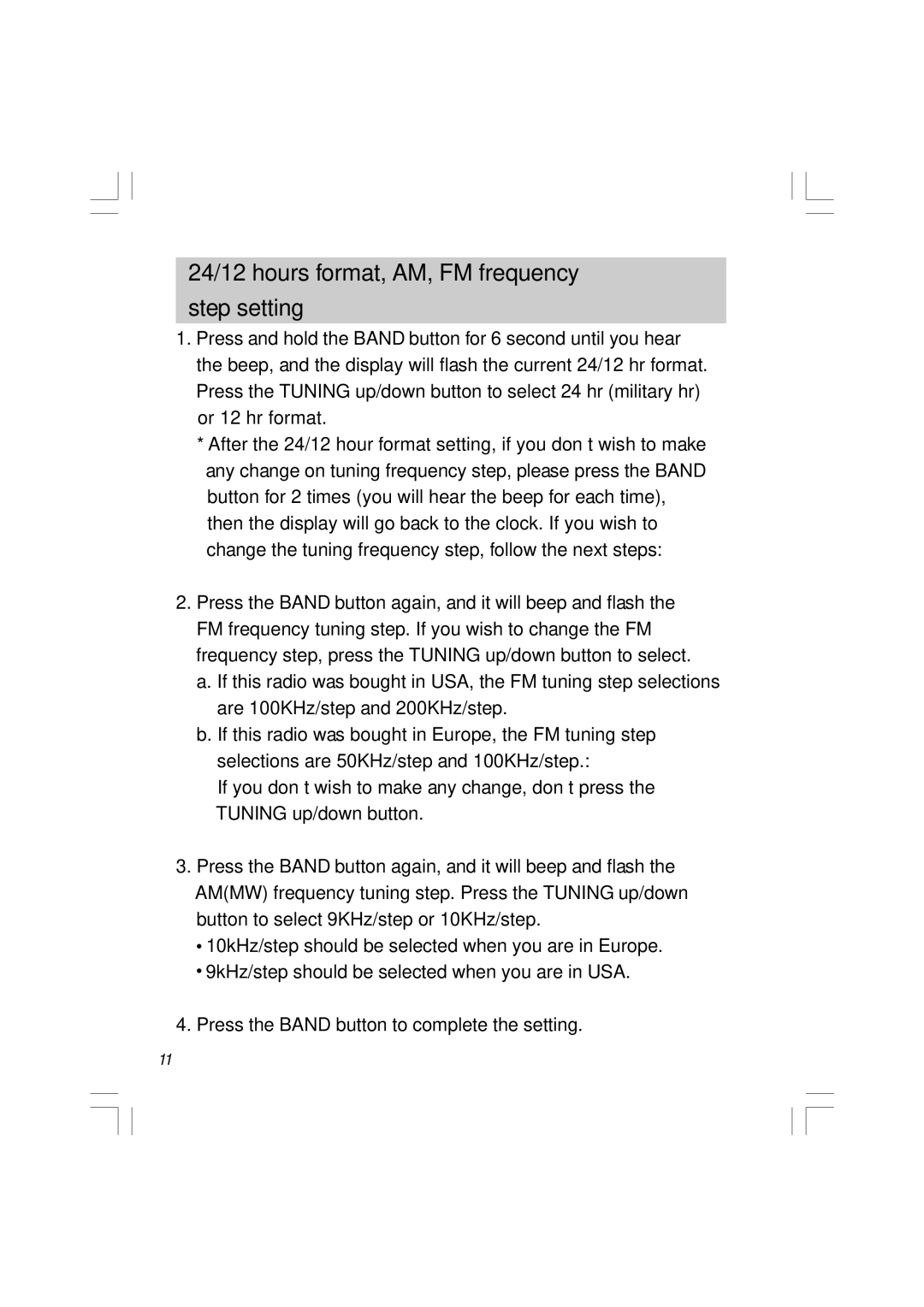 Sangean Electronics RCR-5 manual 24/12 hours format, AM, FM frequency step setting 