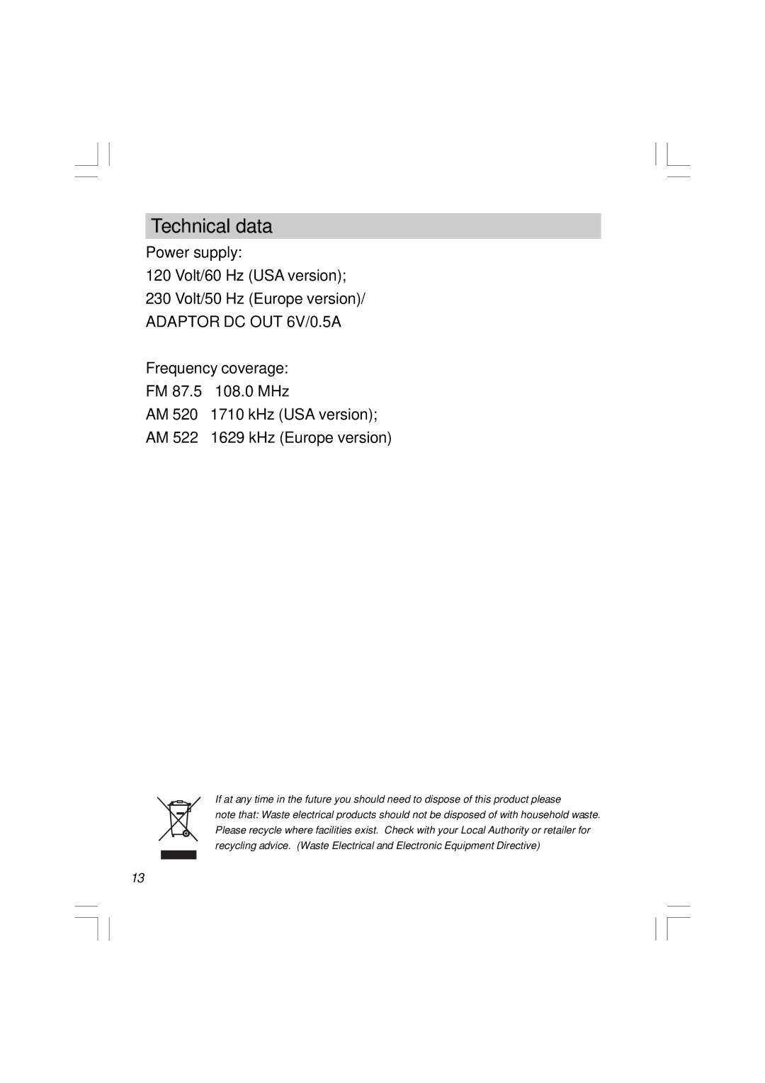 Sangean Electronics RCR-5 manual Technical data 