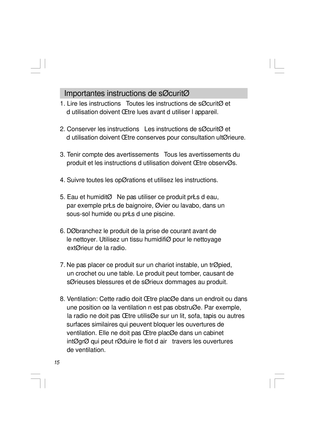 Sangean Electronics RCR-5 manual Importantes instructions de sécurité 