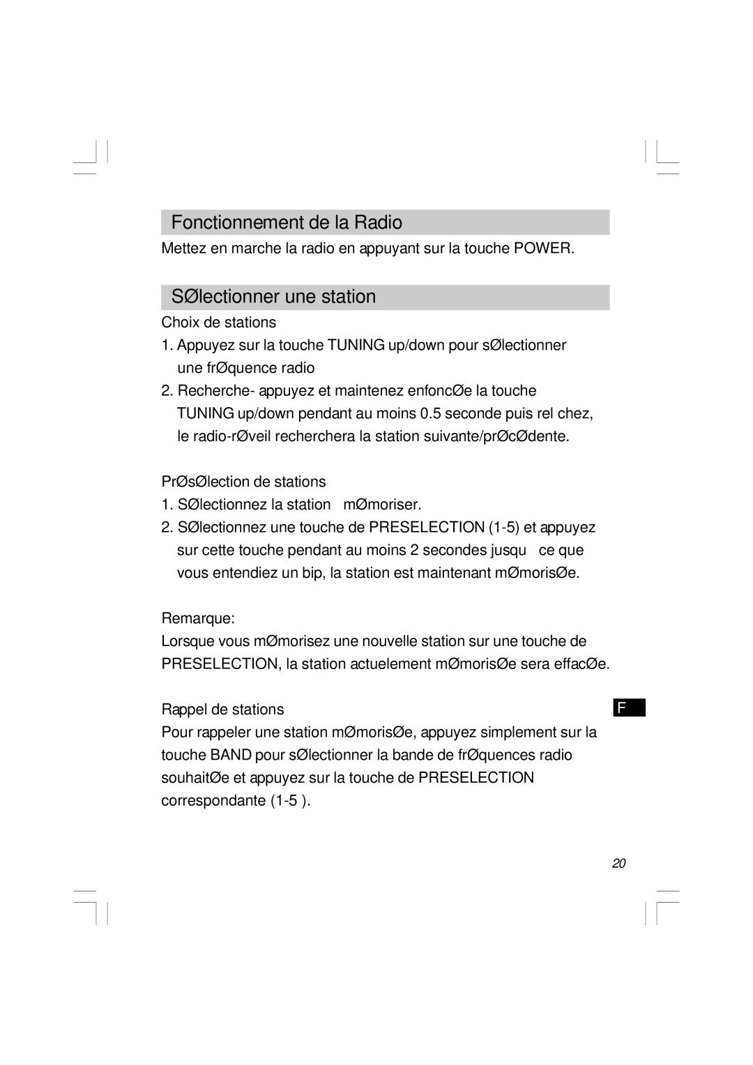 Sangean Electronics RCR-5 Fonctionnement de la Radio, Sélectionner une station, Choix de stations, Rappel de stations 