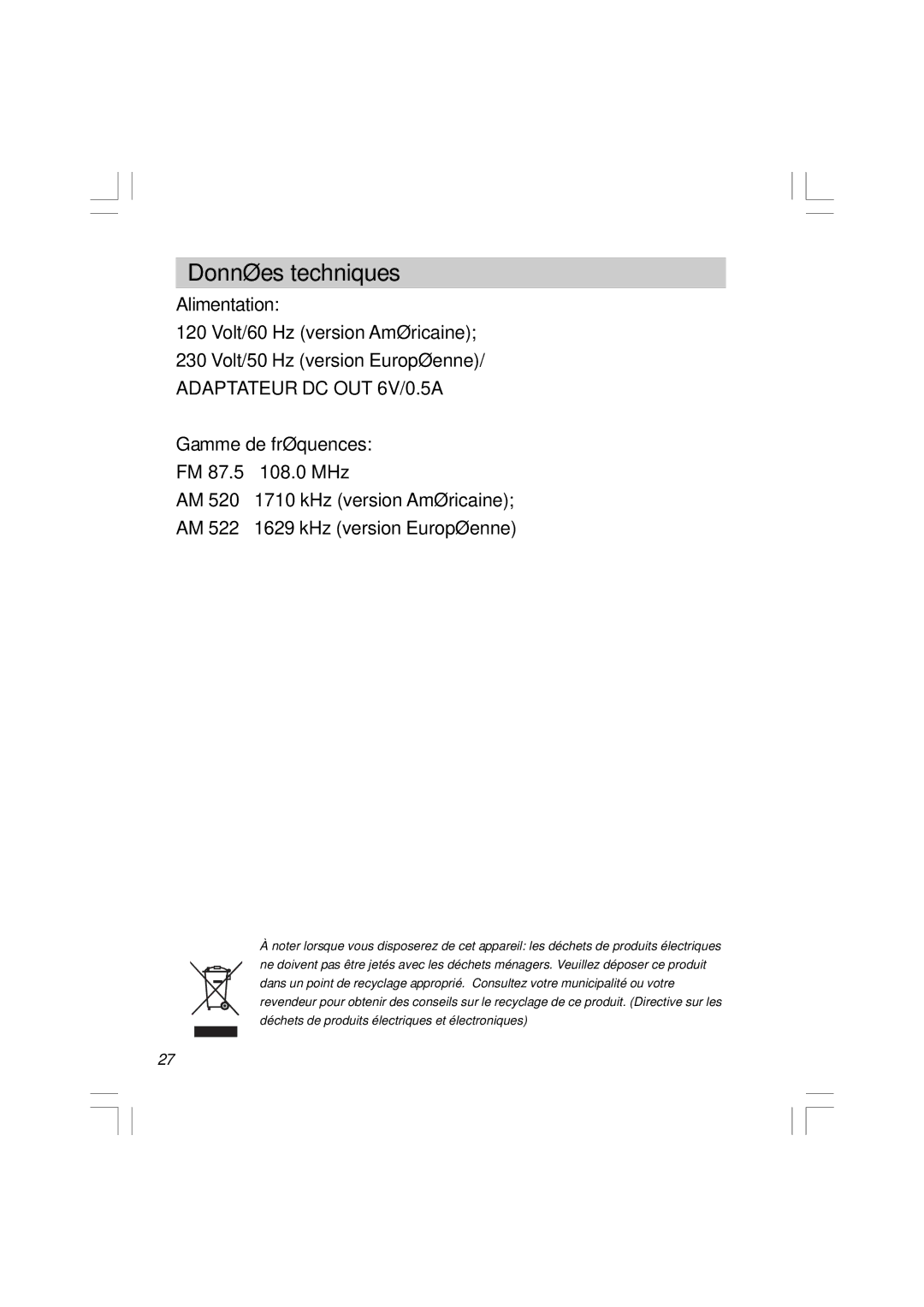 Sangean Electronics RCR-5 manual Données techniques, Adaptateur DC OUT 6V/0.5A 