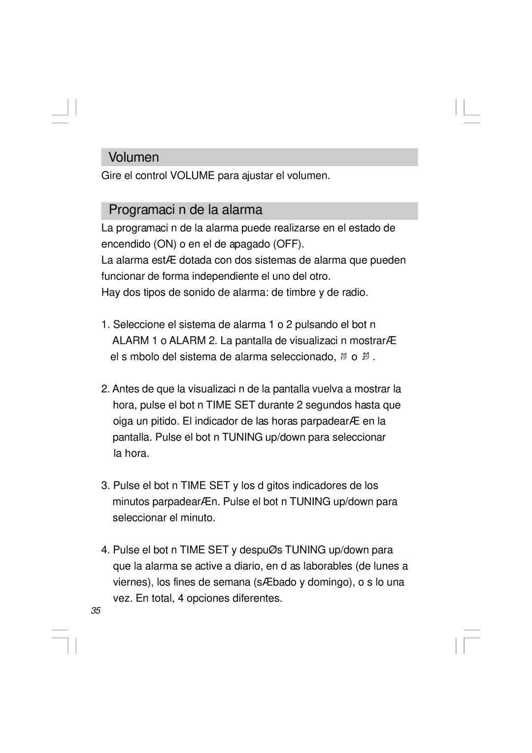 Sangean Electronics RCR-5 manual Volumen, Programación de la alarma 