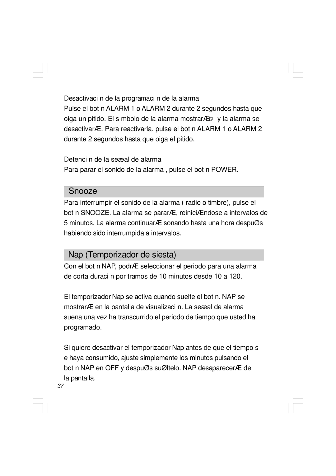 Sangean Electronics RCR-5 manual Nap Temporizador de siesta, Desactivación de la programación de la alarma 