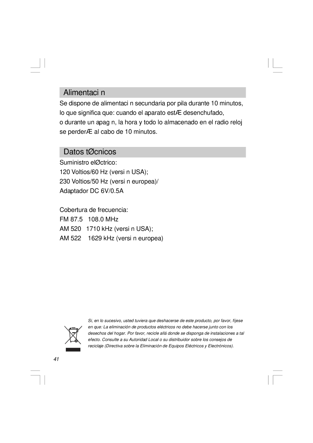 Sangean Electronics RCR-5 manual Alimentación, Datos técnicos 