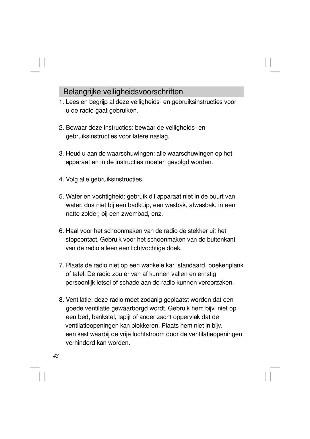 Sangean Electronics RCR-5 manual Belangrijke veiligheidsvoorschriften 