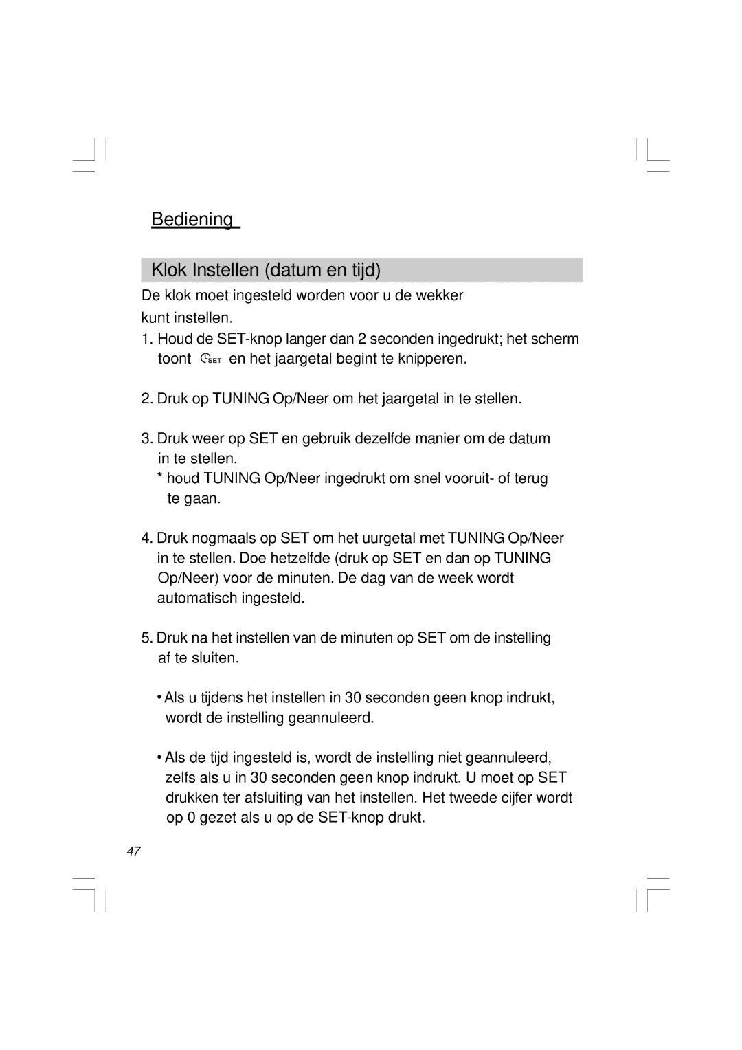 Sangean Electronics RCR-5 manual Bediening Klok Instellen datum en tijd 