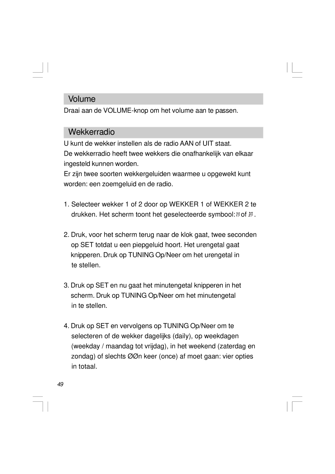 Sangean Electronics RCR-5 manual Volume, Wekkerradio 