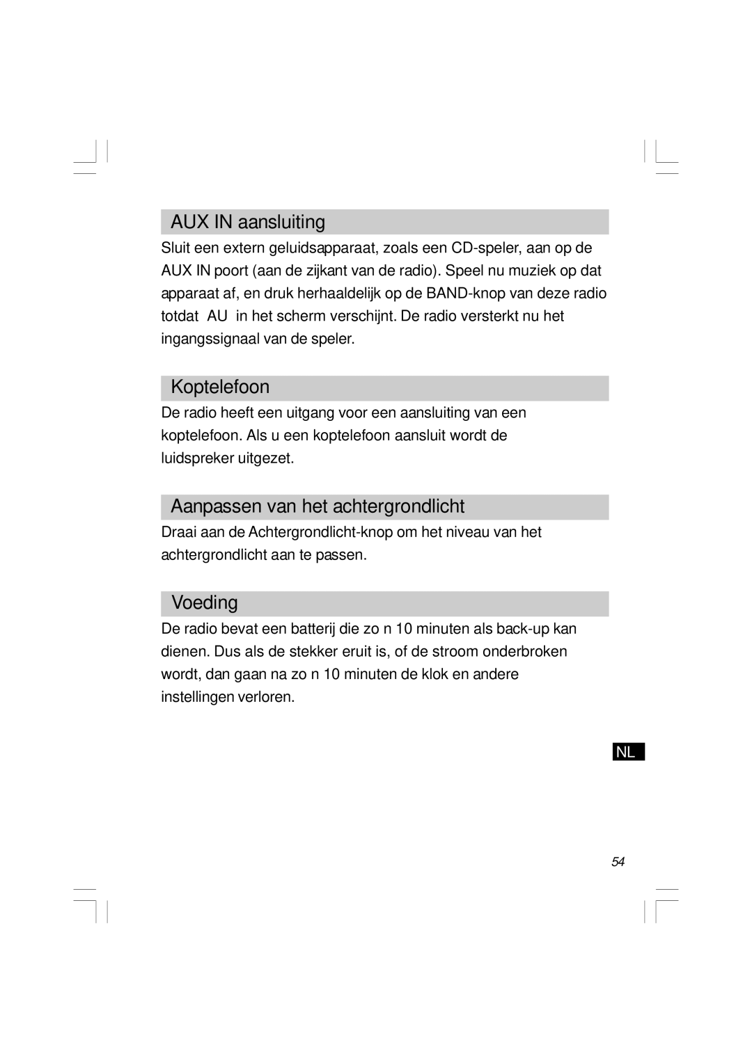 Sangean Electronics RCR-5 manual AUX in aansluiting, Koptelefoon, Aanpassen van het achtergrondlicht, Voeding 