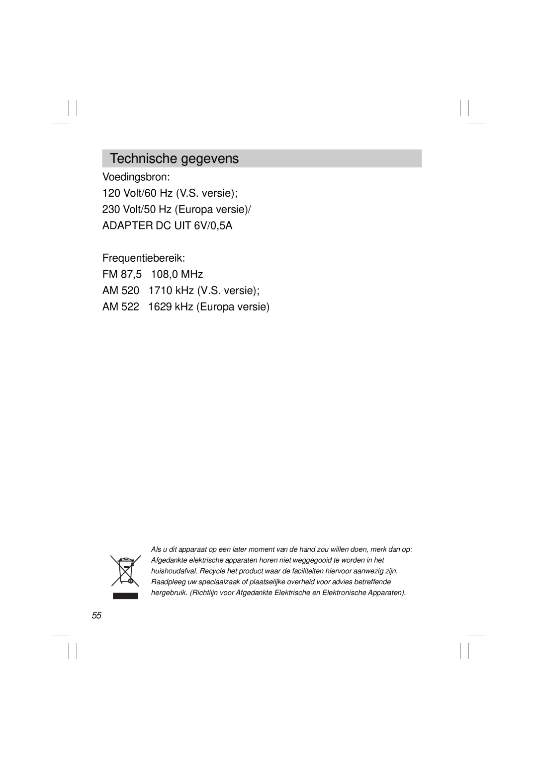 Sangean Electronics RCR-5 manual Technische gegevens 