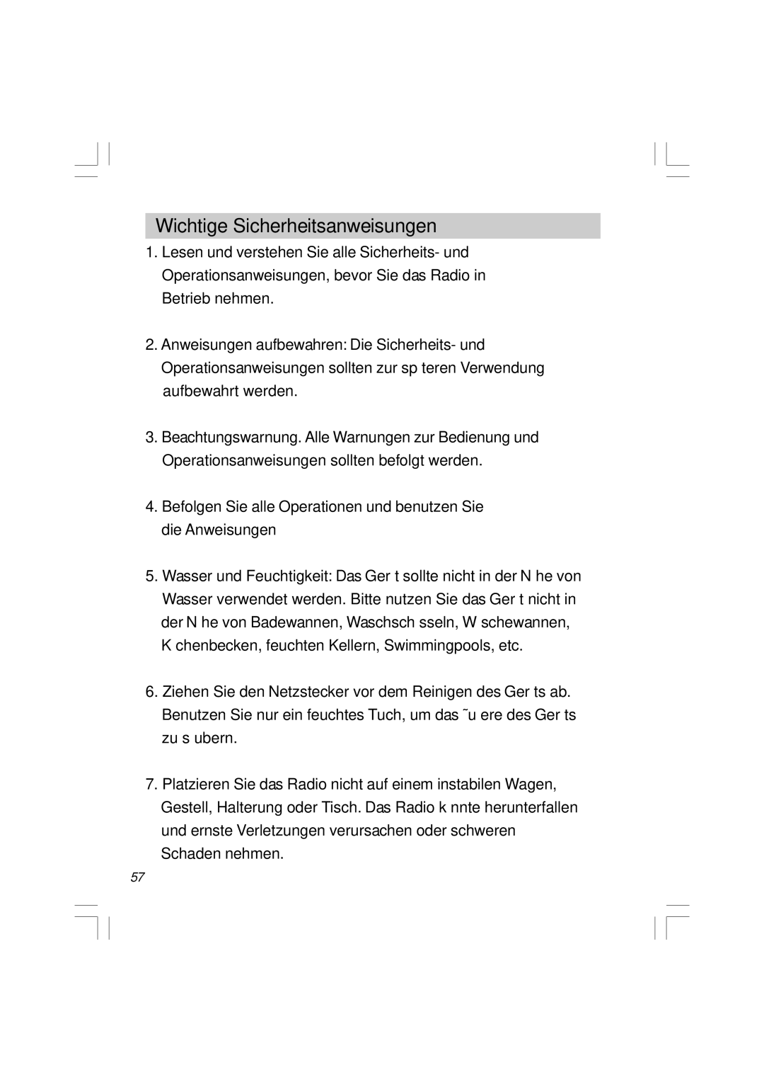 Sangean Electronics RCR-5 manual Wichtige Sicherheitsanweisungen 