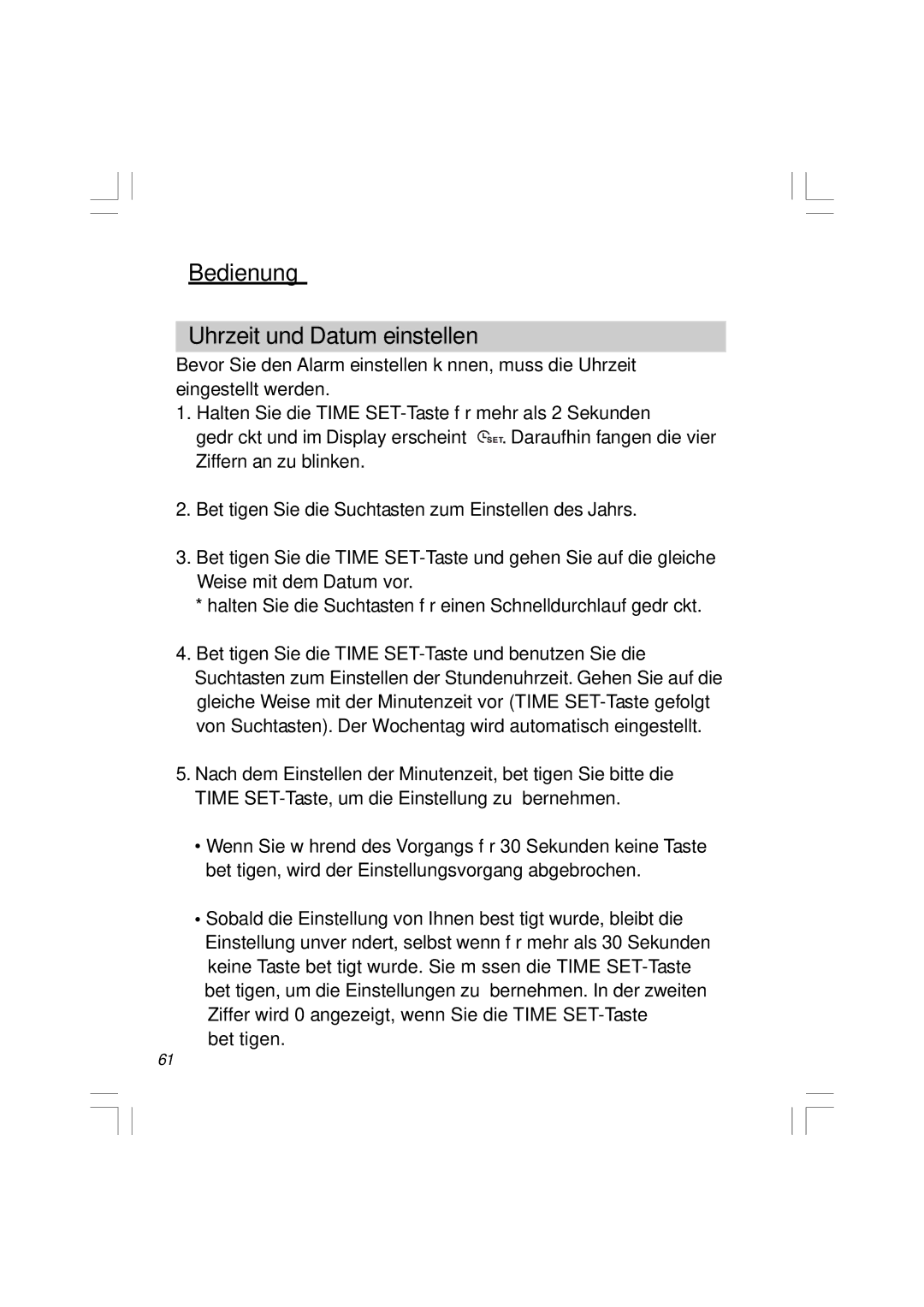 Sangean Electronics RCR-5 manual Bedienung Uhrzeit und Datum einstellen 