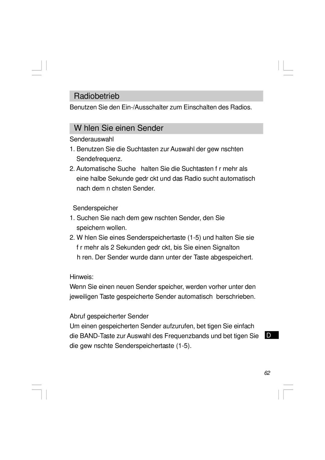 Sangean Electronics RCR-5 Radiobetrieb, Wählen Sie einen Sender, Senderauswahl, Senderspeicher, Abruf gespeicherter Sender 