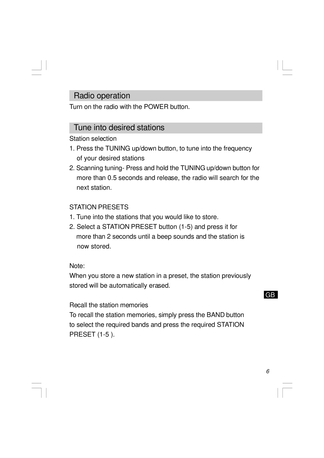 Sangean Electronics RCR-5 Radio operation, Tune into desired stations, Station selection, Recall the station memories 