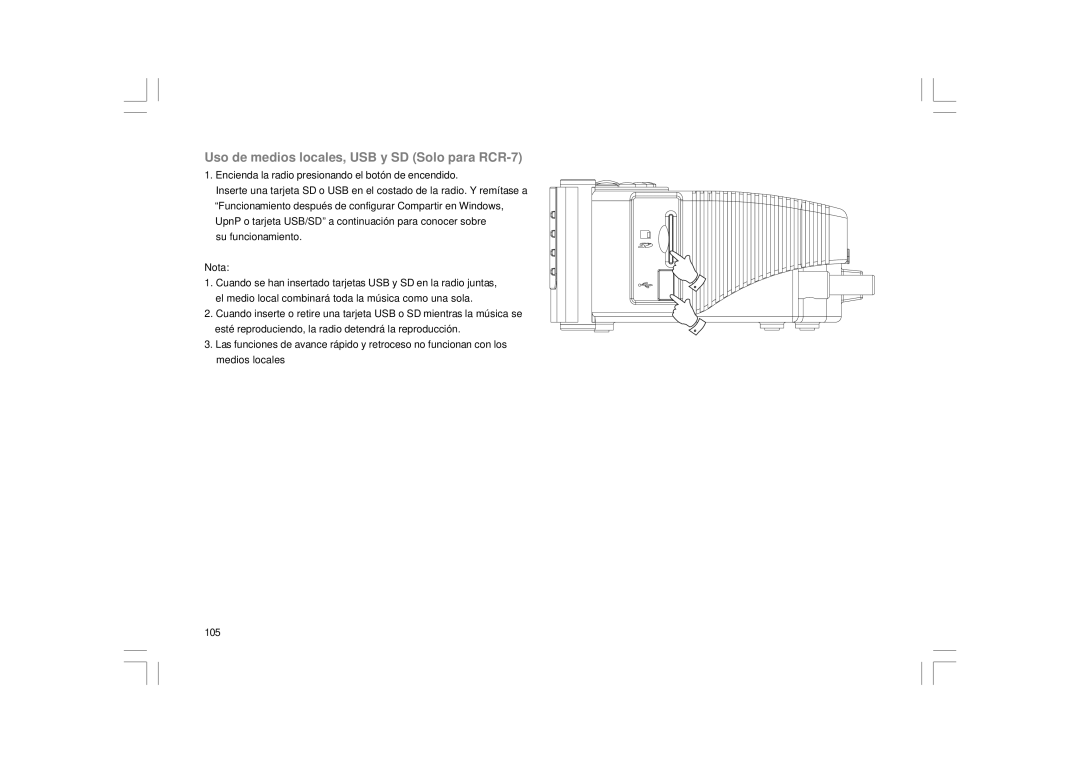 Sangean Electronics RCR-8WF, RCR-7WF manual Uso de medios locales, USB y SD Solo para RCR-7 