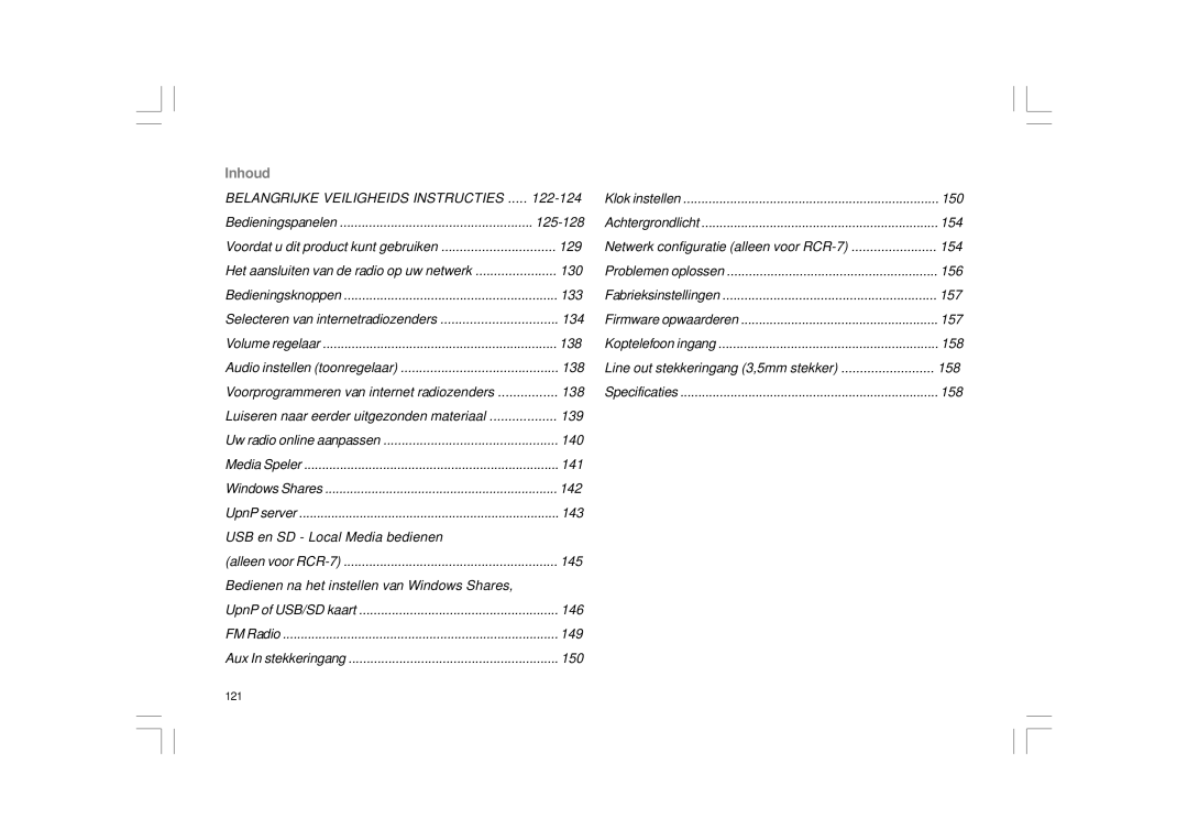 Sangean Electronics RCR-8WF, RCR-7WF manual Inhoud 