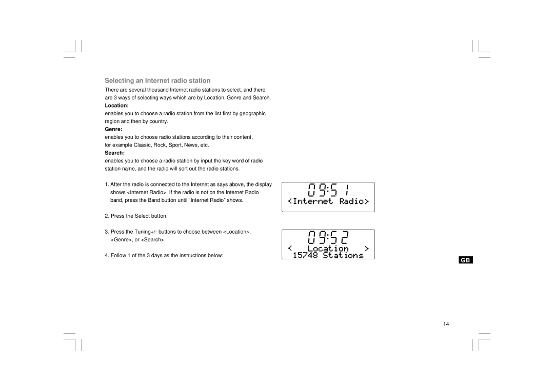 Sangean Electronics RCR-7WF, RCR-8WF manual Selecting an Internet radio station, Location, Genre, Search 