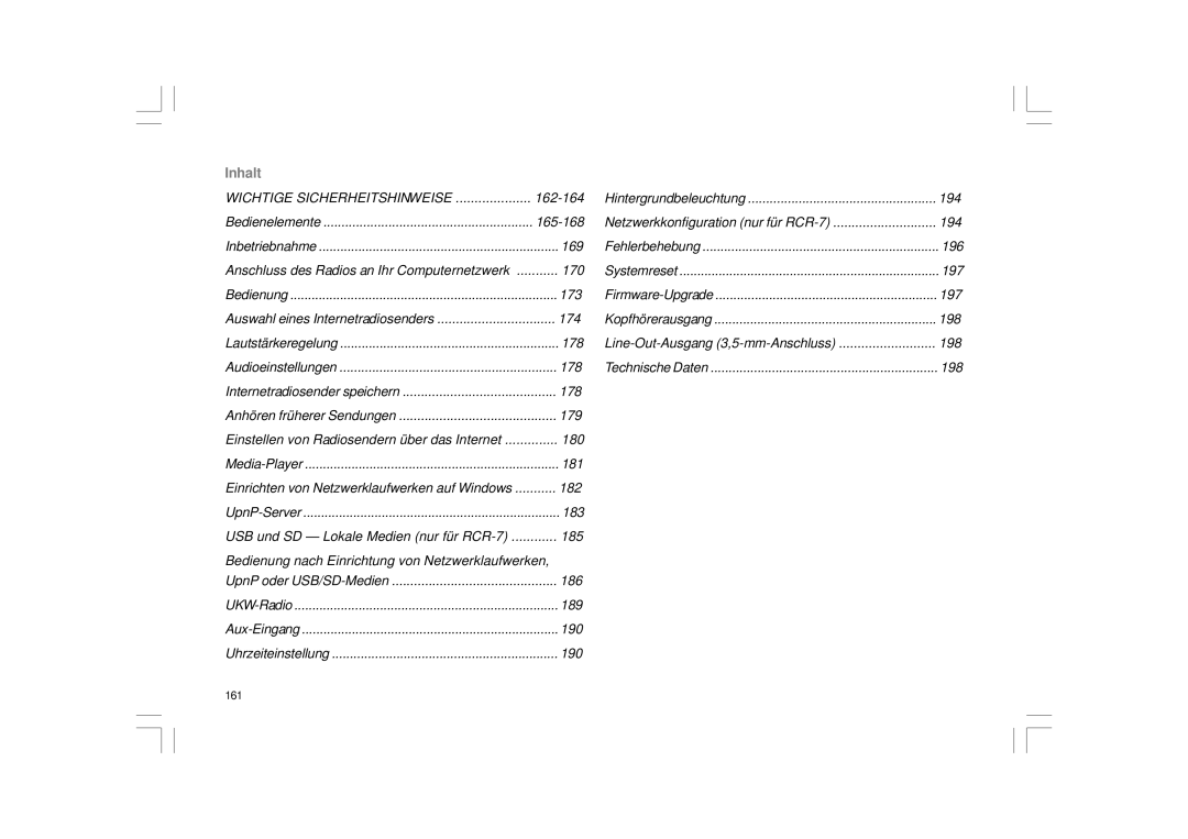 Sangean Electronics RCR-8WF, RCR-7WF manual Inhalt 