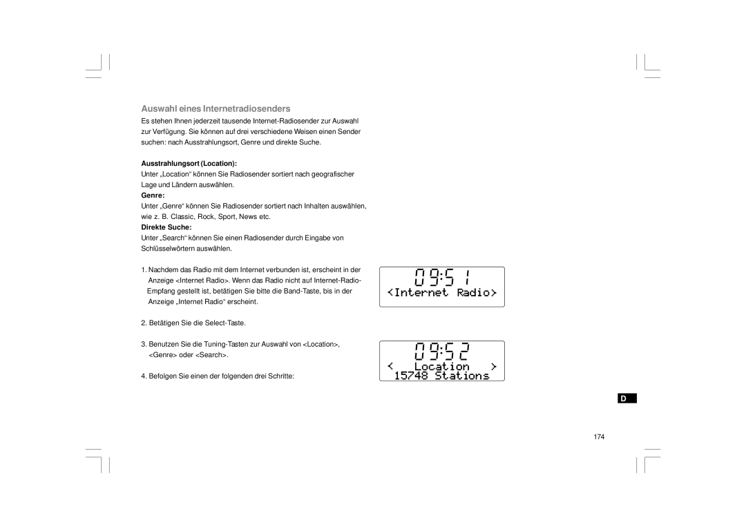 Sangean Electronics RCR-7WF, RCR-8WF manual Auswahl eines Internetradiosenders, Ausstrahlungsort Location, Direkte Suche 