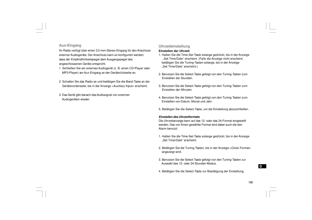 Sangean Electronics RCR-7WF manual Aux-Eingang, Uhrzeiteinstellung, Einstellen der Uhrzeit, Einstellen des Uhrzeitformats 