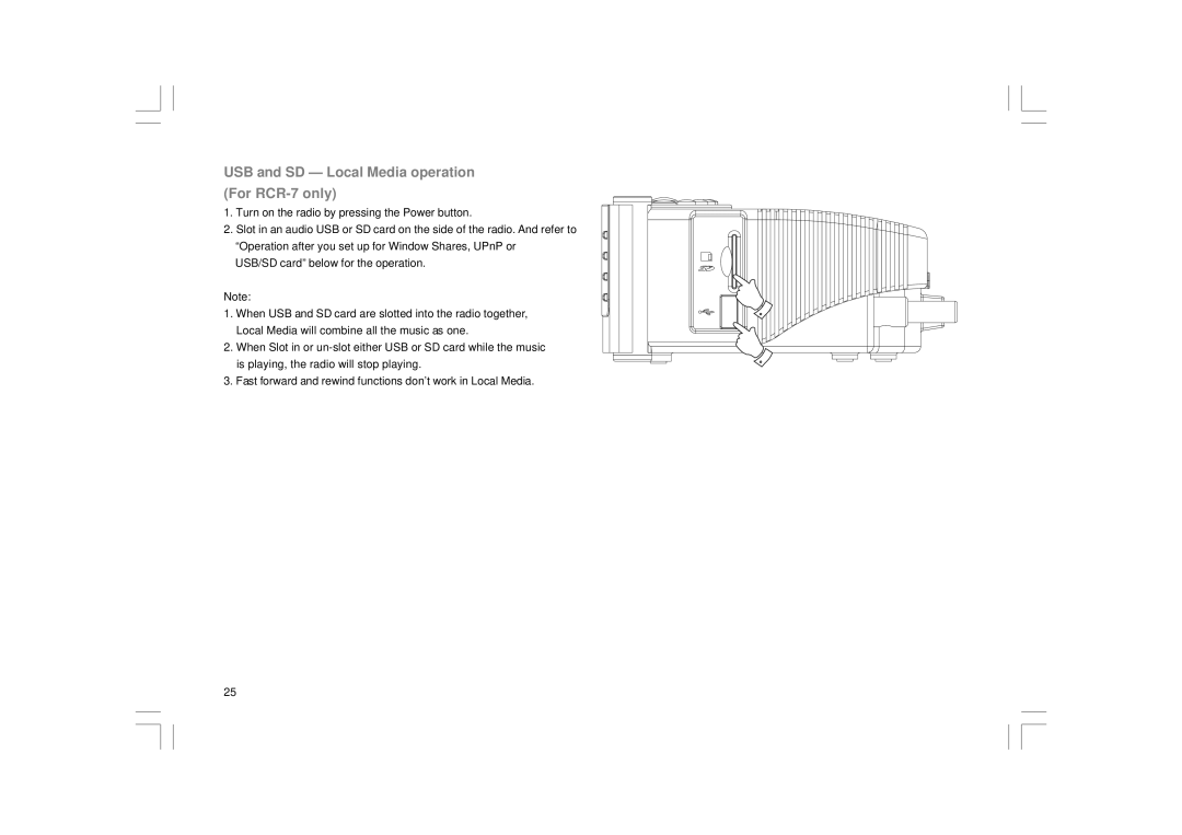 Sangean Electronics RCR-8WF, RCR-7WF manual USB and SD Local Media operation For RCR-7 only 