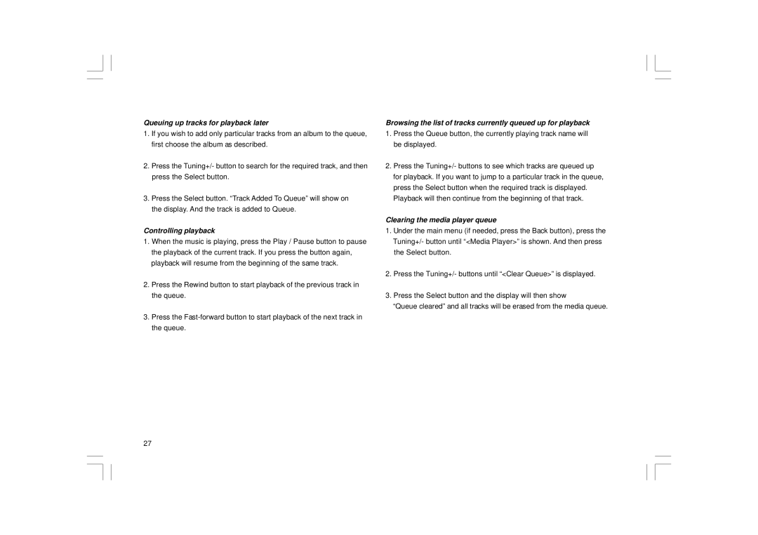 Sangean Electronics RCR-8WF Queuing up tracks for playback later, Controlling playback, Clearing the media player queue 