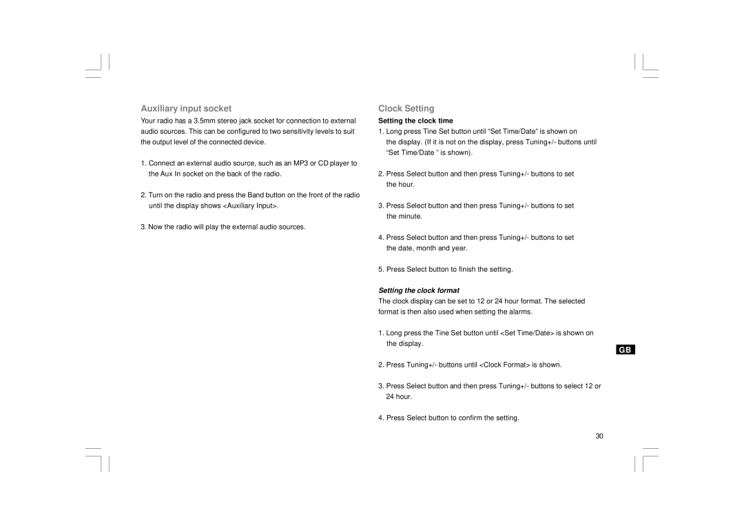 Sangean Electronics RCR-7WF manual Auxiliary input socket, Clock Setting, Setting the clock time, Setting the clock format 