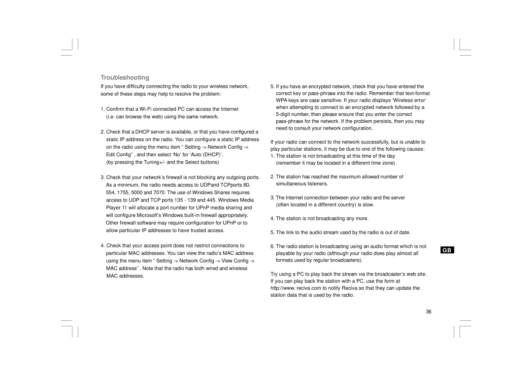 Sangean Electronics RCR-7WF, RCR-8WF manual Troubleshooting 