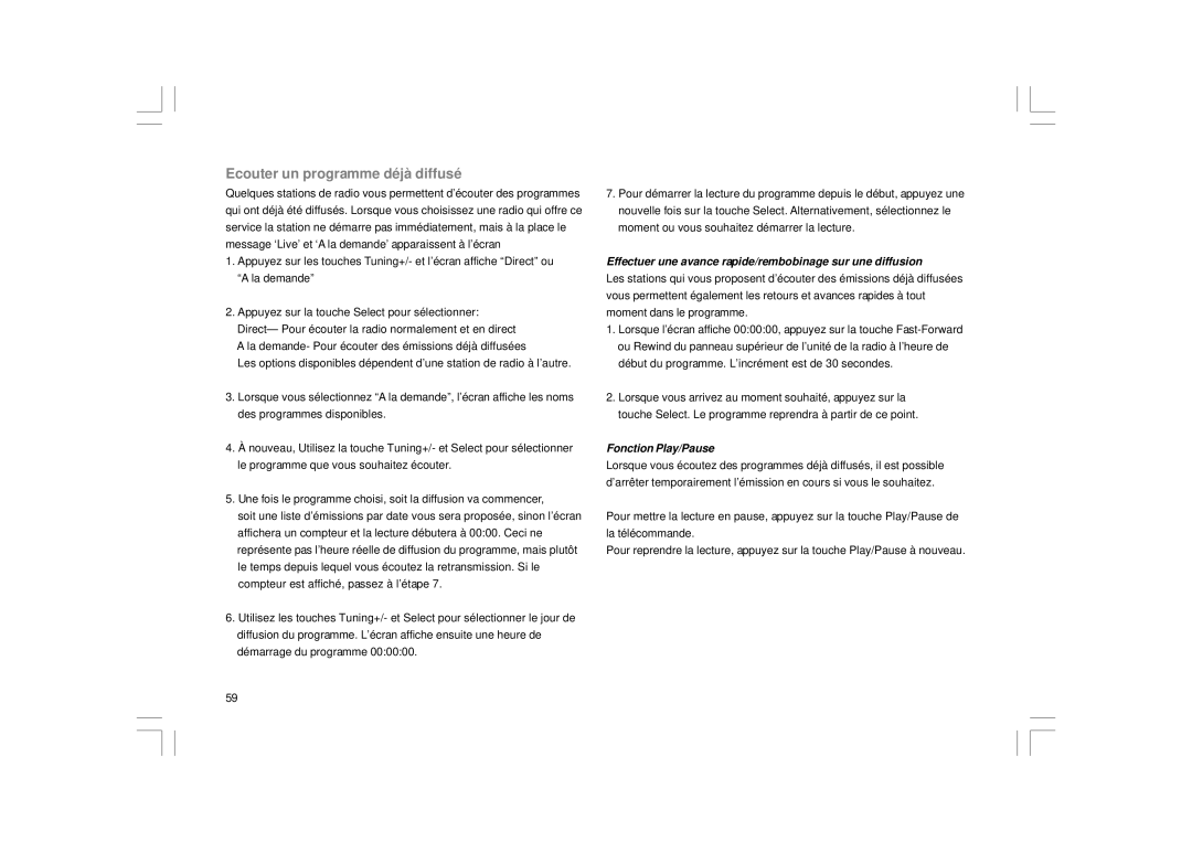 Sangean Electronics RCR-8WF Ecouter un programme déjà diffusé, Effectuer une avance rapide/rembobinage sur une diffusion 